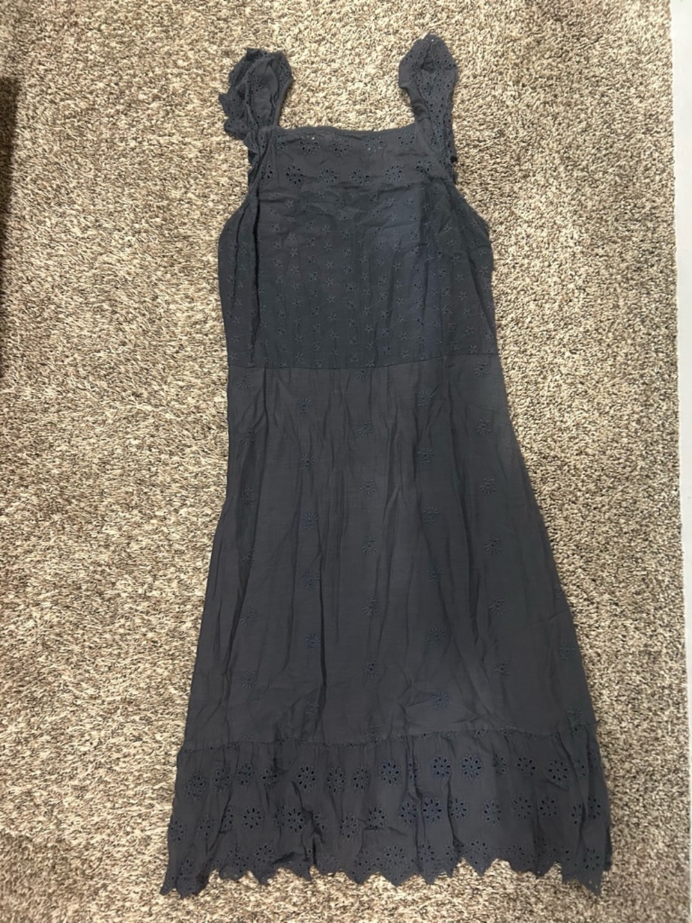 LOFT Navy Eyelet Midi Dress with Scalloped Hem